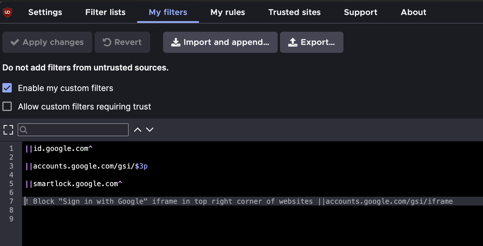 screenshot of the ublock origin settings page